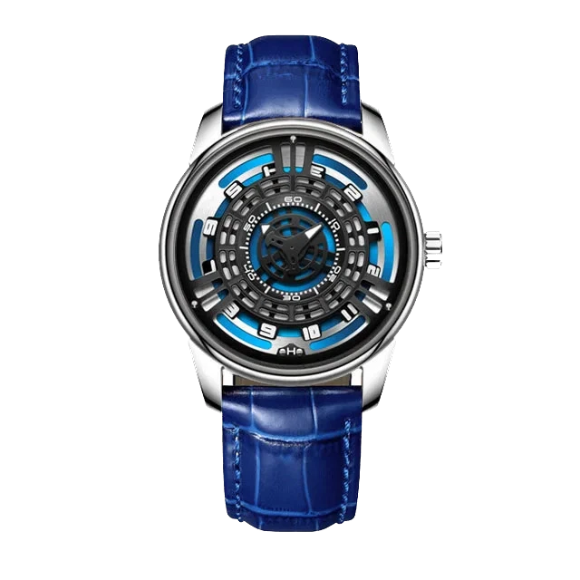Watch with blue leather strap and detailed face on a white background
