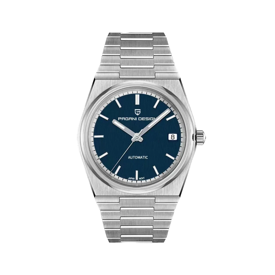 Silver watch with blue dial on a white background