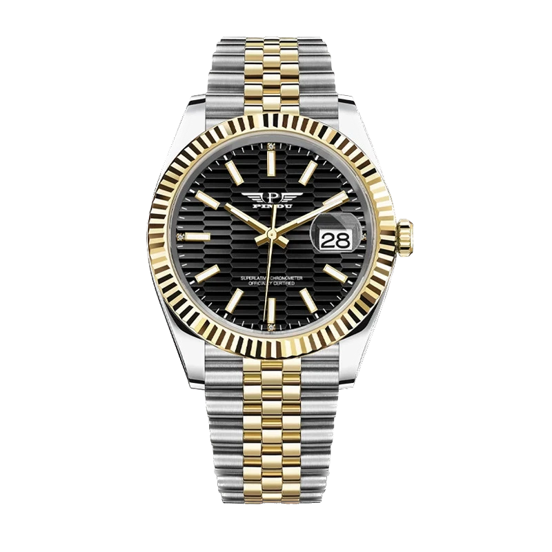 Two-tone watch with black face and gold accents on a white background
