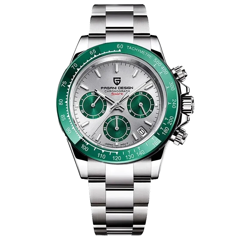 Watch with green and silver design on a white background