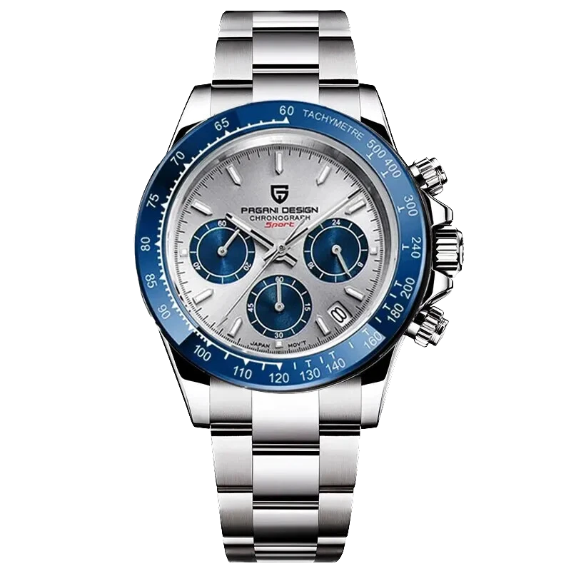 Silver and blue watch with detailed face on a white background