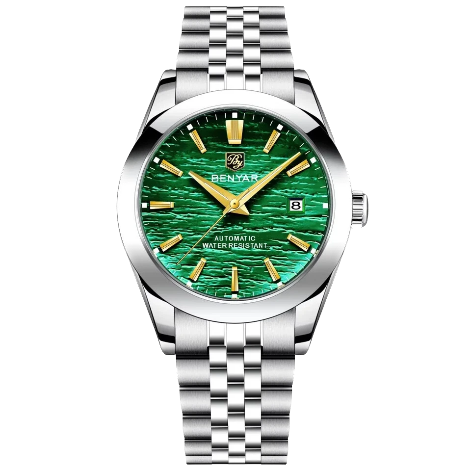 Silver watch with green face and brand logo on a white background