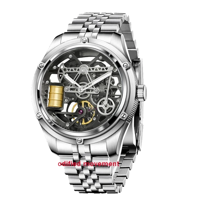 Silver mechanical watch with visible movement on a white background
