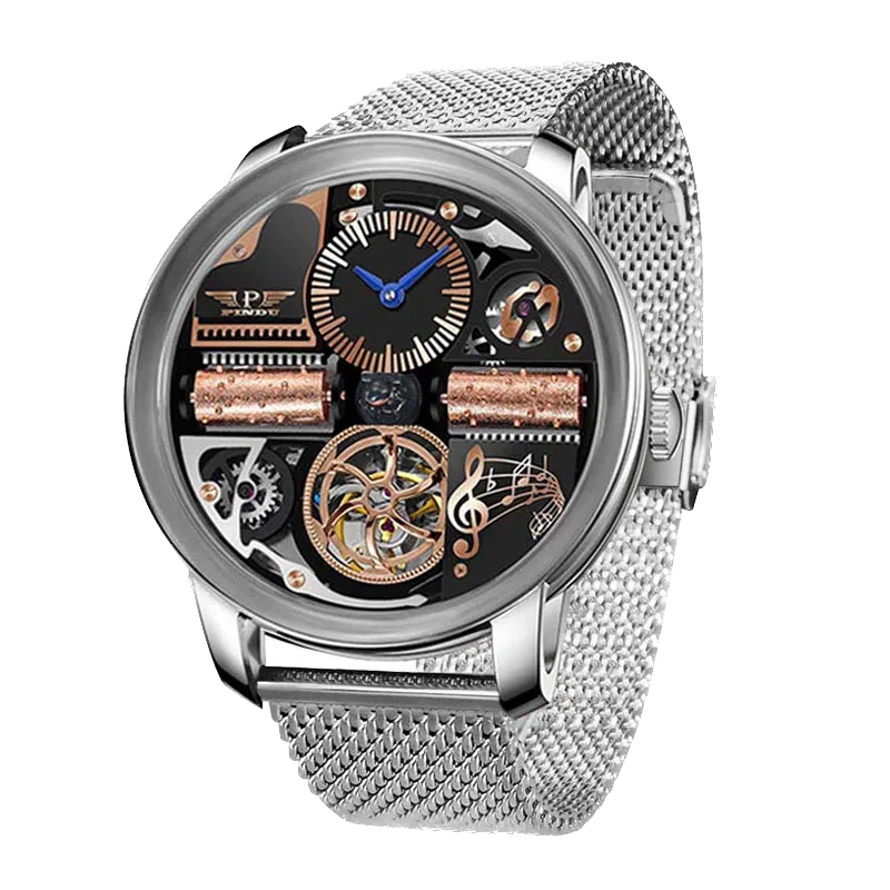 Silver watch with intricate mechanical design on a white background