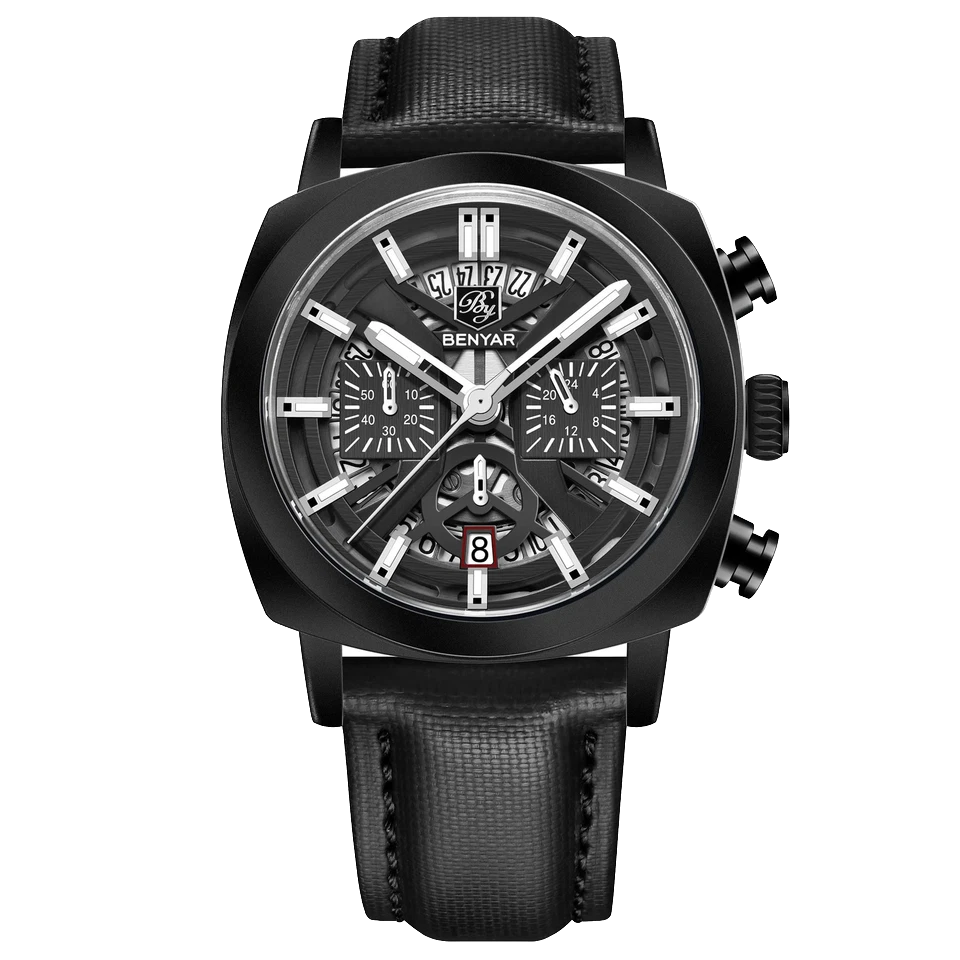 Black wristwatch with detailed face on a white background
