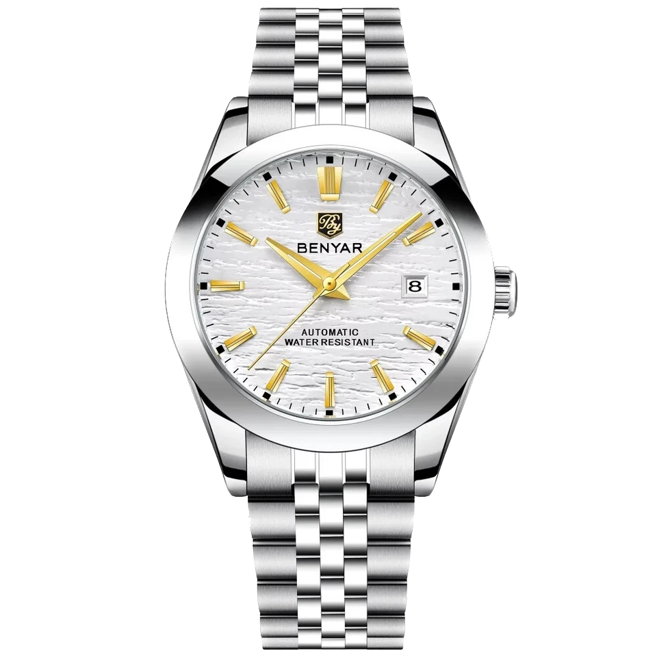 Silver watch with white face and gold accents on a white background
