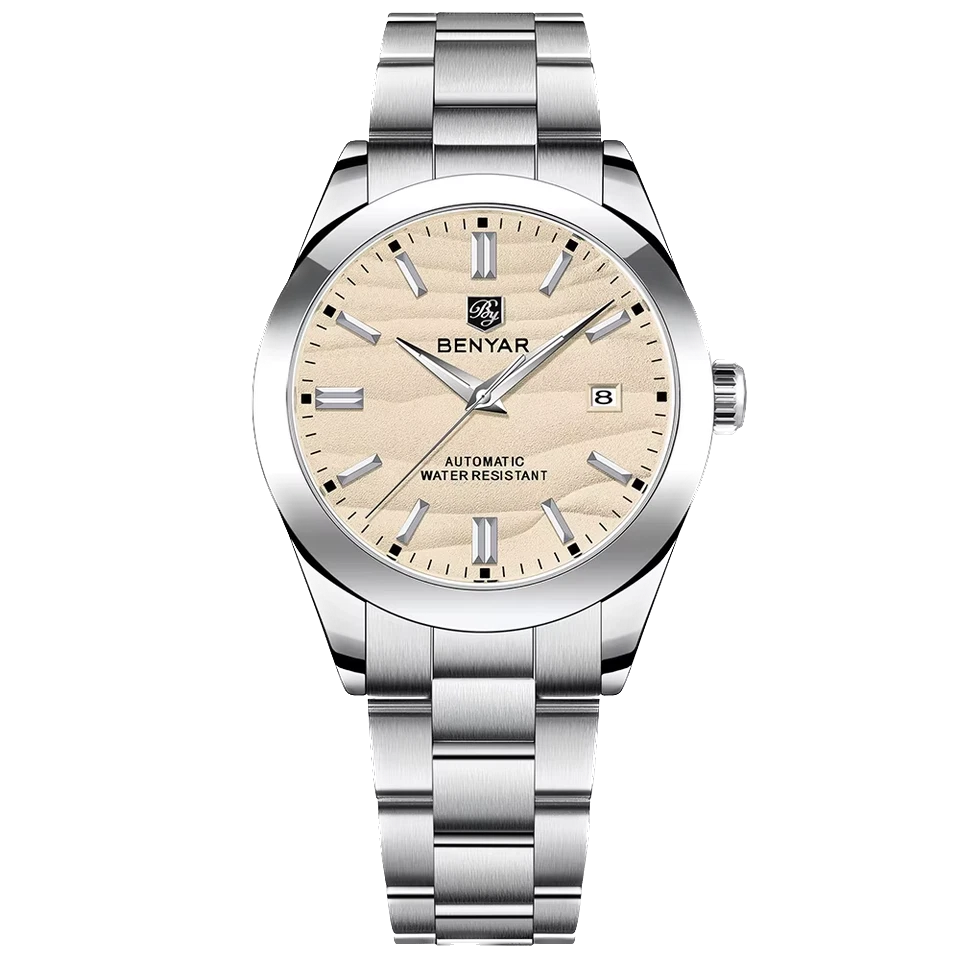 Silver watch with beige dial on a white background