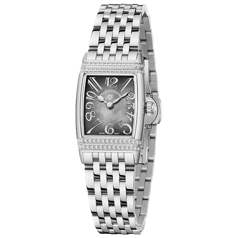 Silver watch with a rectangular face on a white background
