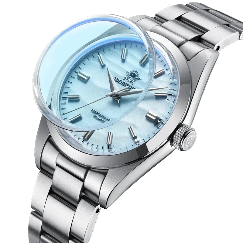 Silver watch with a blue face on a white background