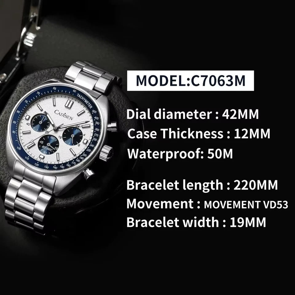 Silver watch with detailed specifications on a black background