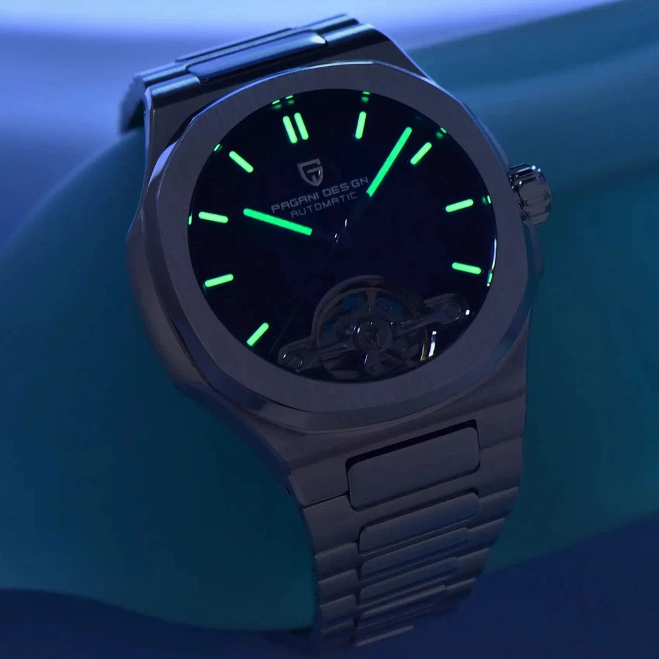 Watch with green glowing hands on a blue background