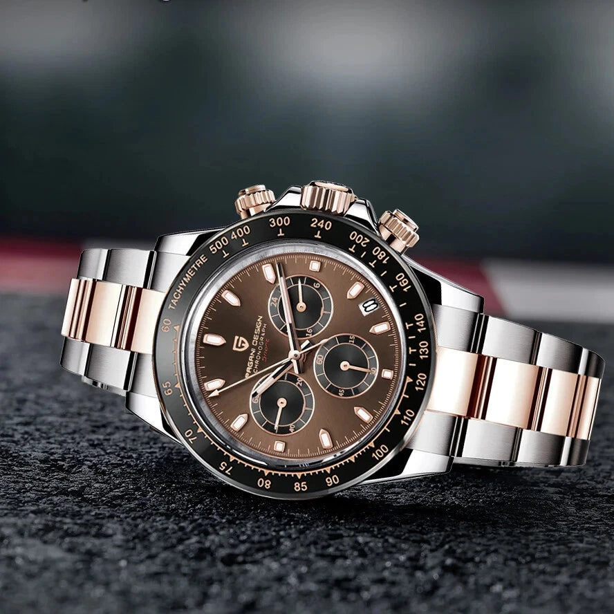 Luxury watch with a brown dial and rose gold accents on a dark textured surface.