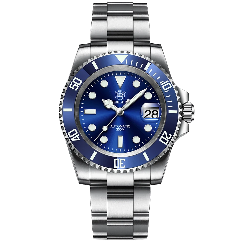 Silver watch with blue dial on a white background