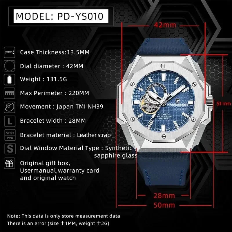 Watch with detailed specifications on a black background