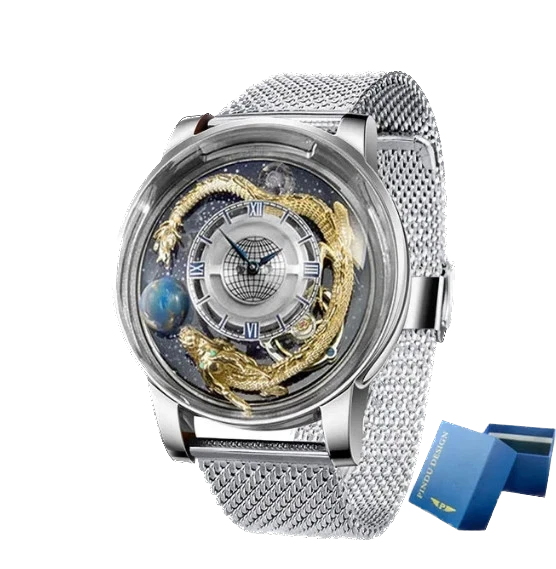 Luxury watch with intricate design and blue box on a white background