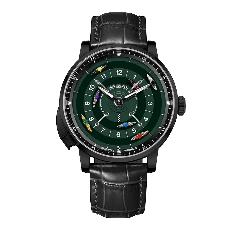 Watch with a green face and black leather strap on a white background