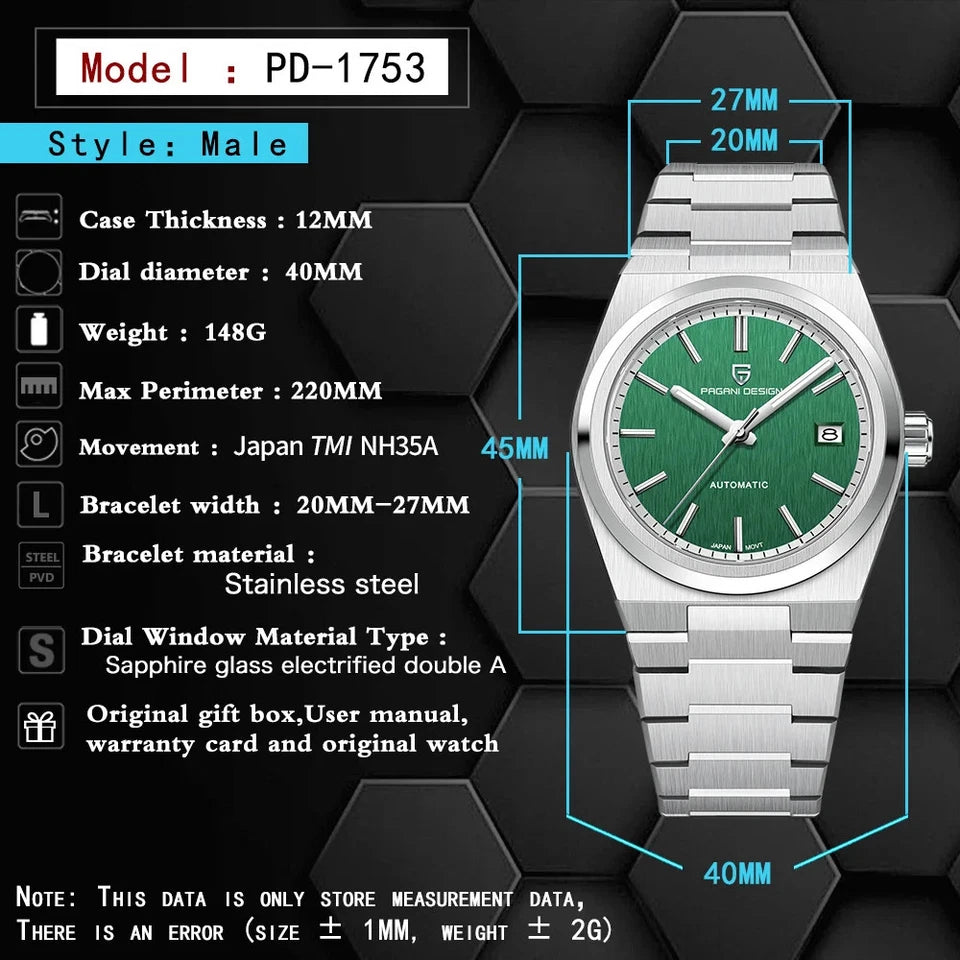 Watch with specifications on a dark geometric background