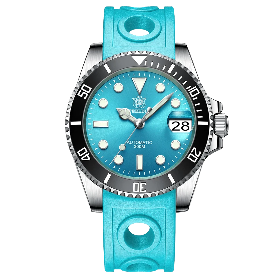 Blue watch with a turquoise strap on a white background