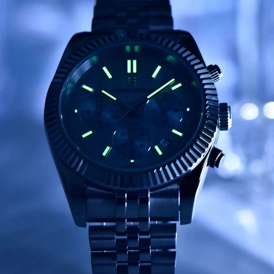 Watch with glowing green face on a blue background