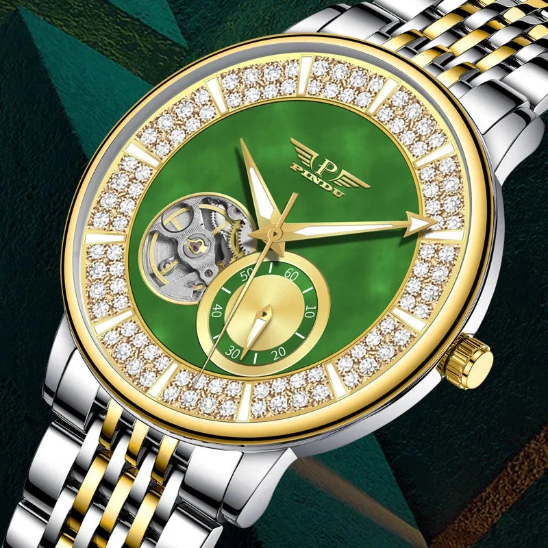 Luxury watch with green face, gold accents, and diamond-studded bezel on a dark background