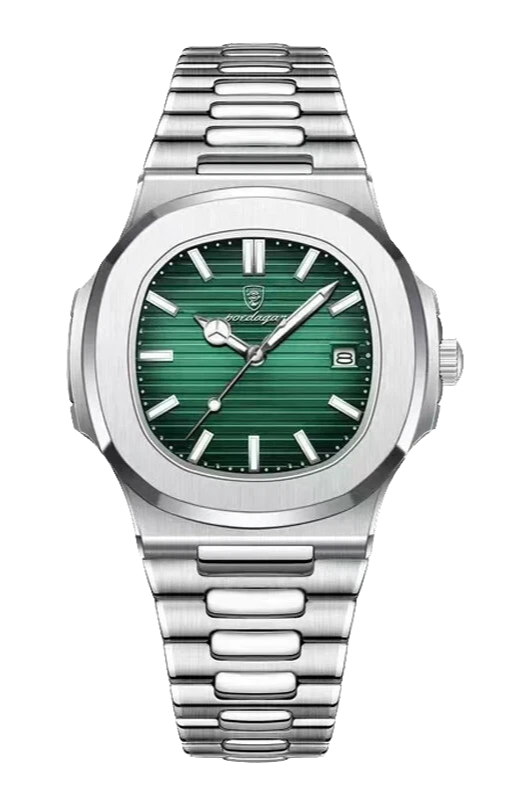 Silver watch with a green face on a white background