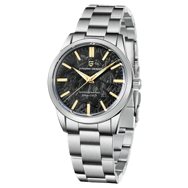 Silver watch with black dial on a white background