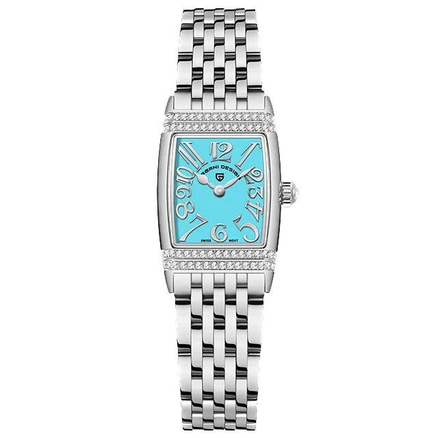 Silver watch with a turquoise face on a white background