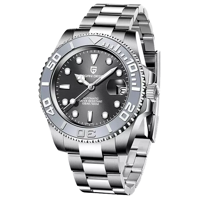 Silver wristwatch with a black dial on a white background