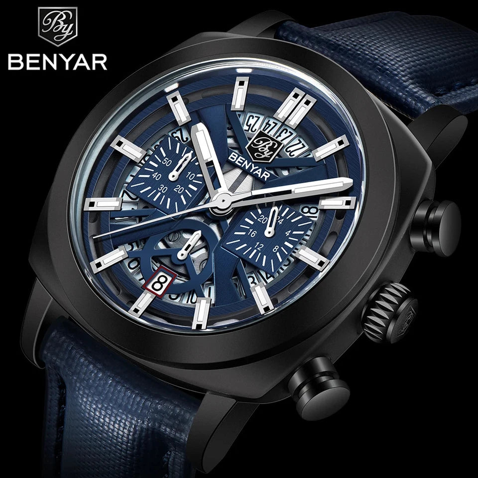 BENYAR watch with blue face and black strap on a dark background