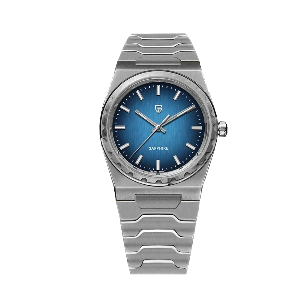 Silver watch with blue dial on a white background