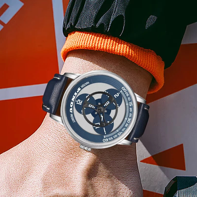 Close-up of a wrist wearing a blue and silver watch with an orange sleeve against a colorful background.