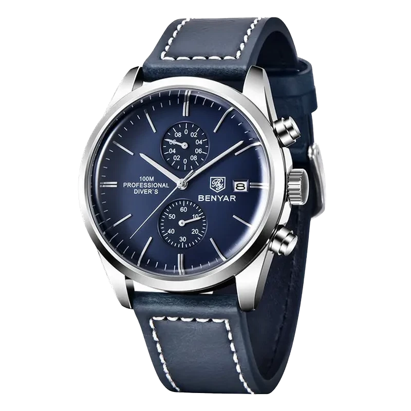 Blue wristwatch with silver accents on a white background