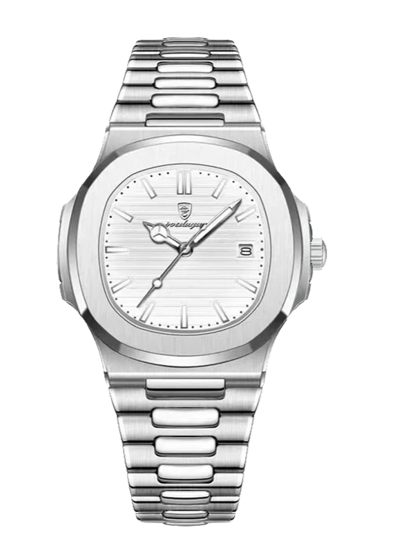 Silver watch with a white face on a white background