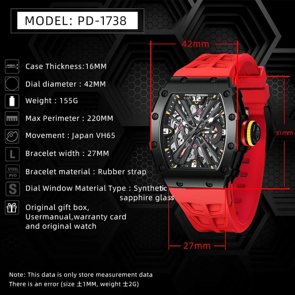 Red watch with detailed specifications on a black background