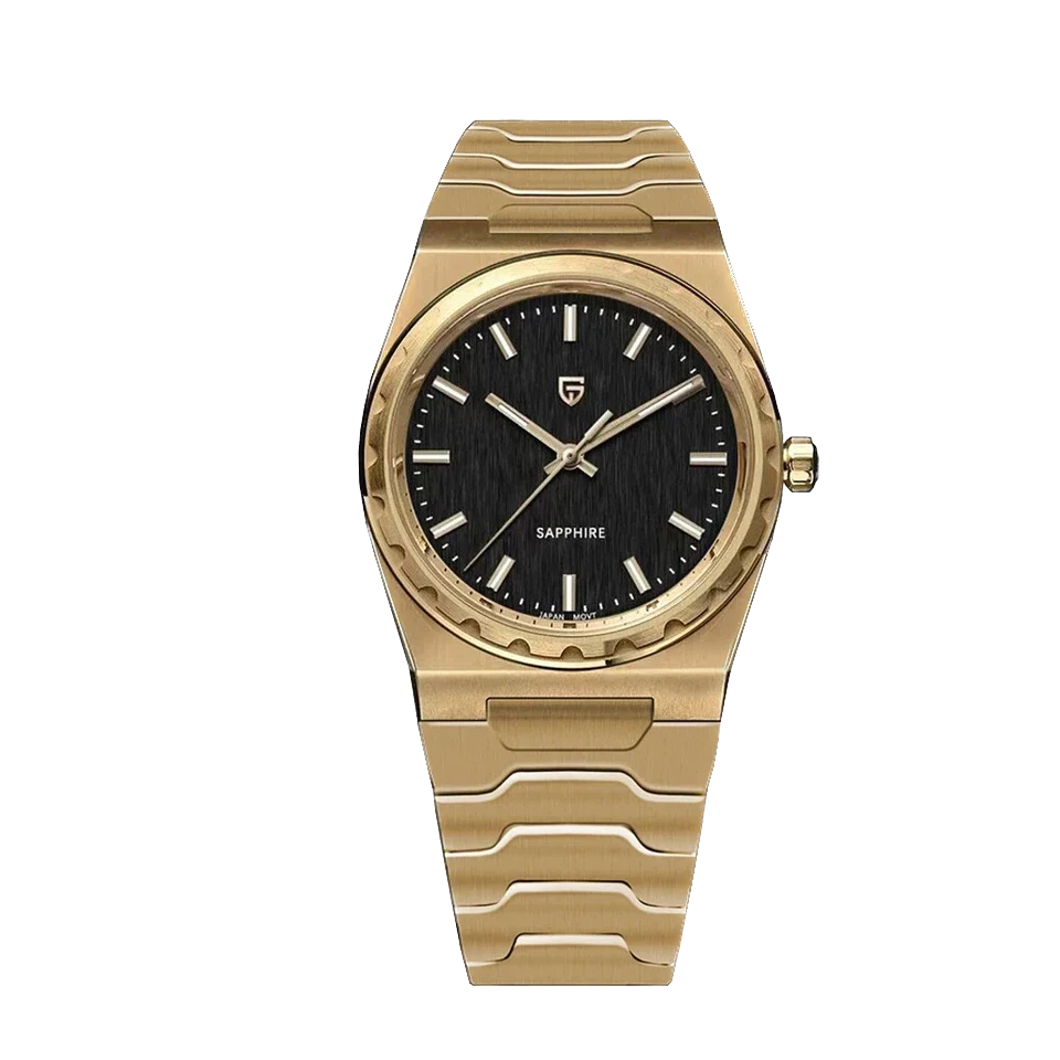 Gold watch with black dial on a white background