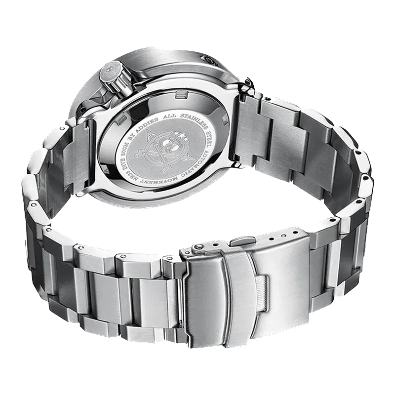 Silver watch with metal band on a white background