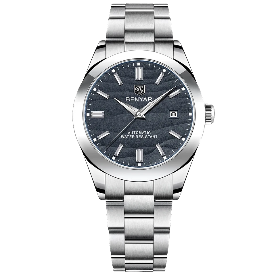 Silver watch with dark face on a white background