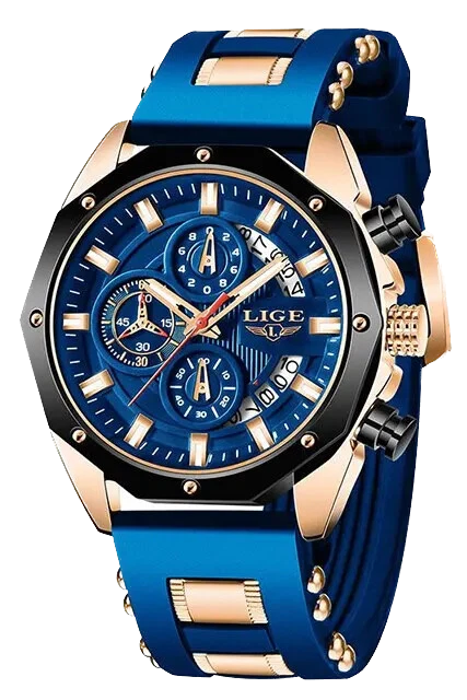 Blue watch with rose gold accents on a white background