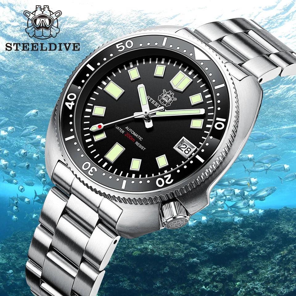 Steeldive watch with a black dial and silver metal strap against an underwater background.