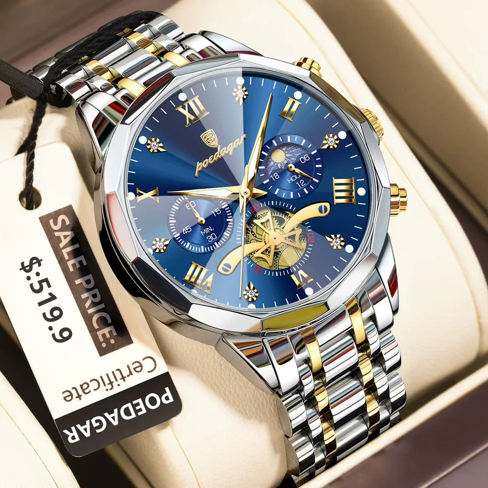 POEDAGAR watch with blue dial and gold accents on a beige surface, featuring a visible sale price tag.