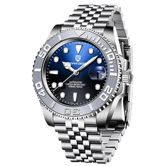 Silver watch with blue dial on a white background