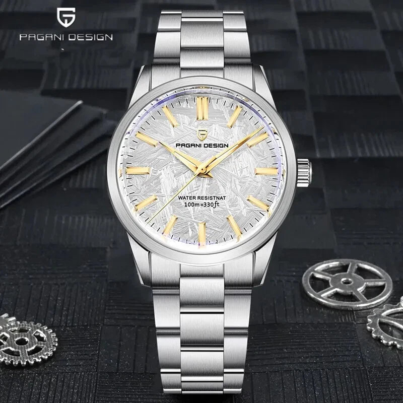Silver Pagani Design watch with gold accents on a dark textured background