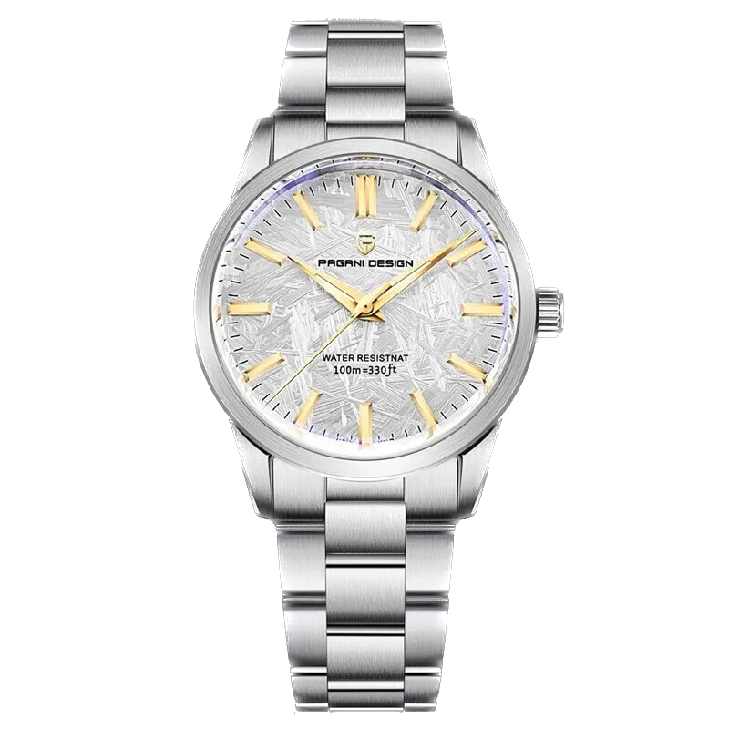 Silver watch with a white face and gold accents on a white background