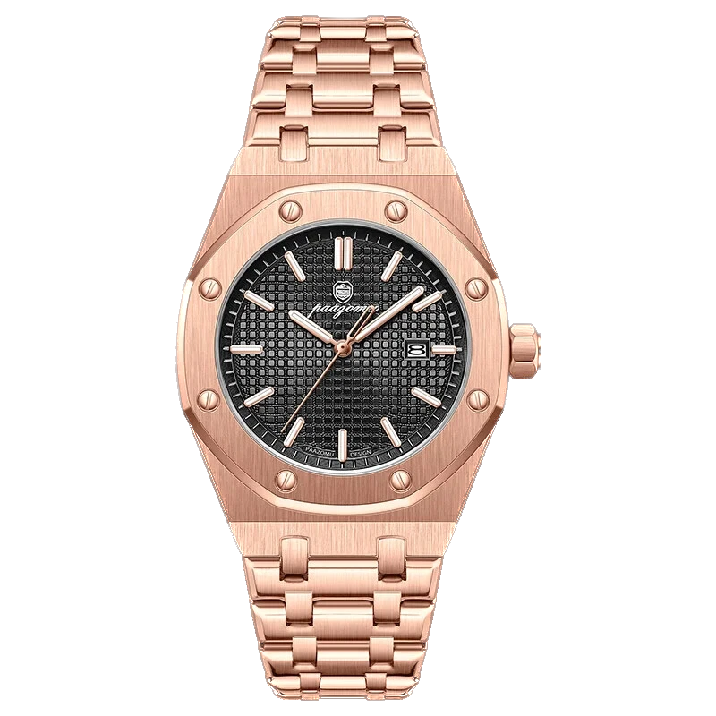 Rose gold watch with black dial on a white background
