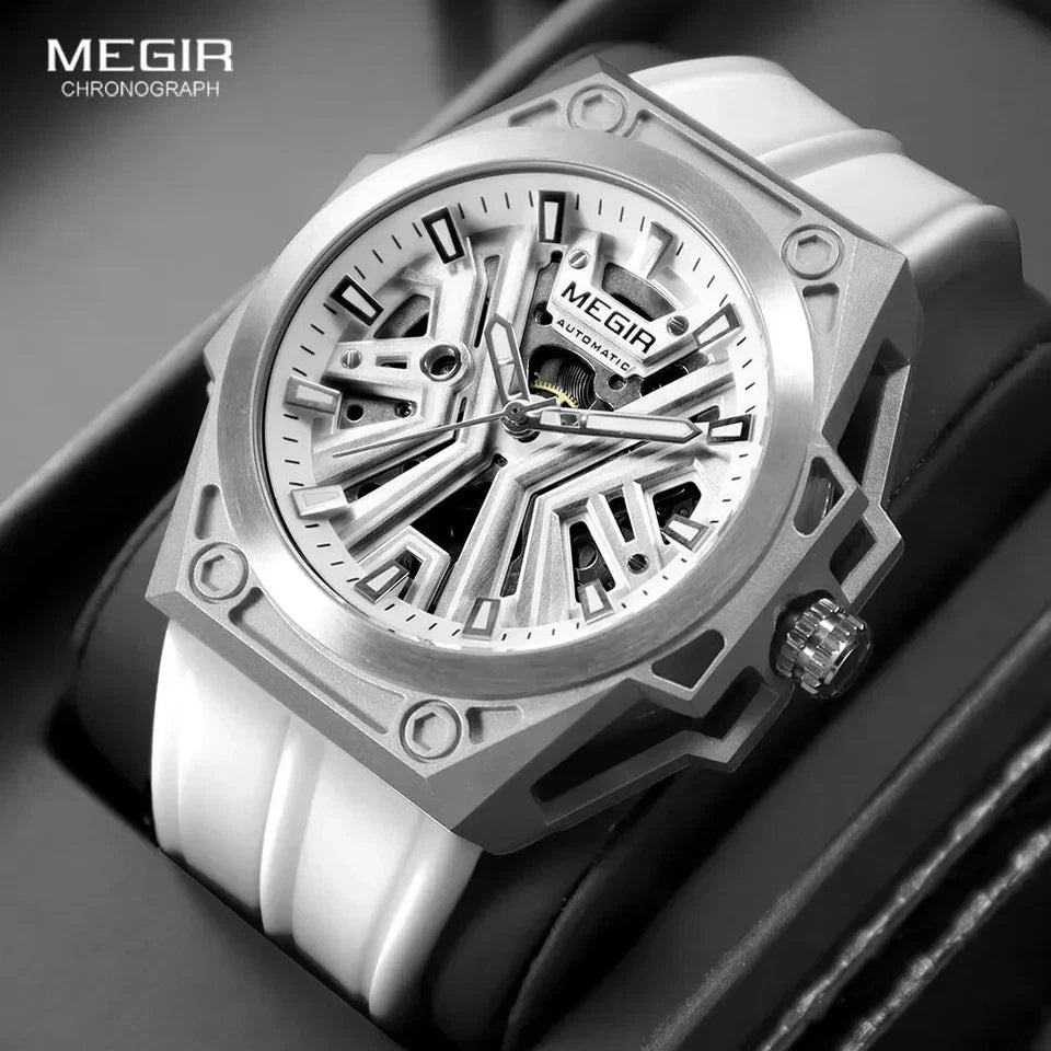 White Megir chronograph watch with silver case and detailed design on a dark background