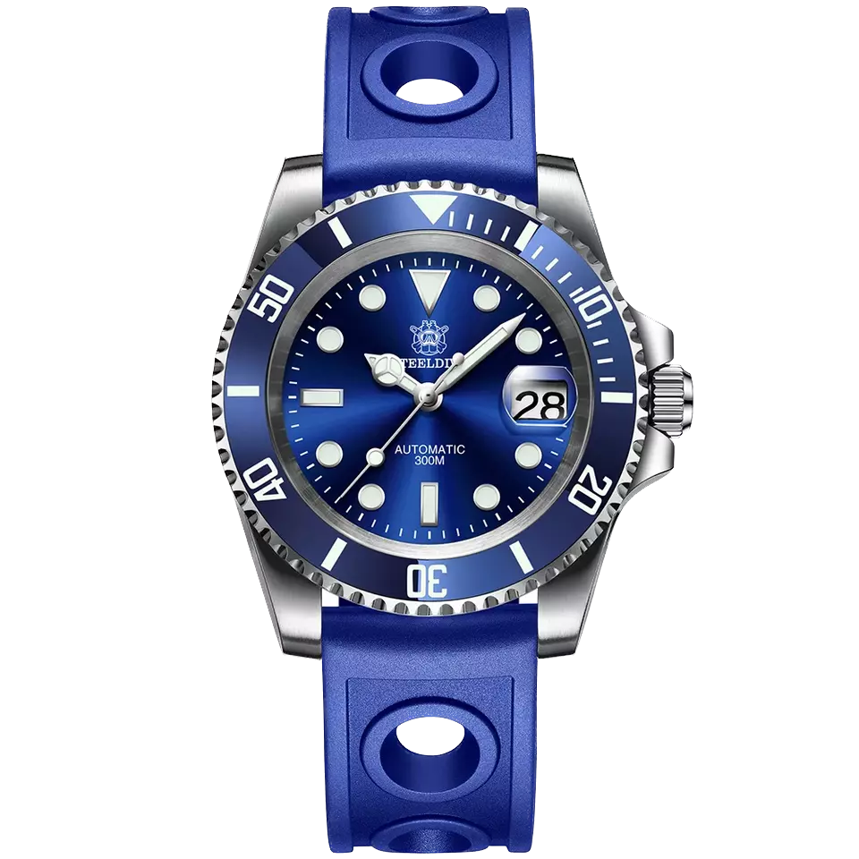 Blue wristwatch with a blue strap on a white background