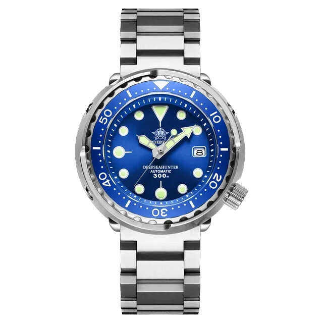 Silver watch with a blue dial on a white background