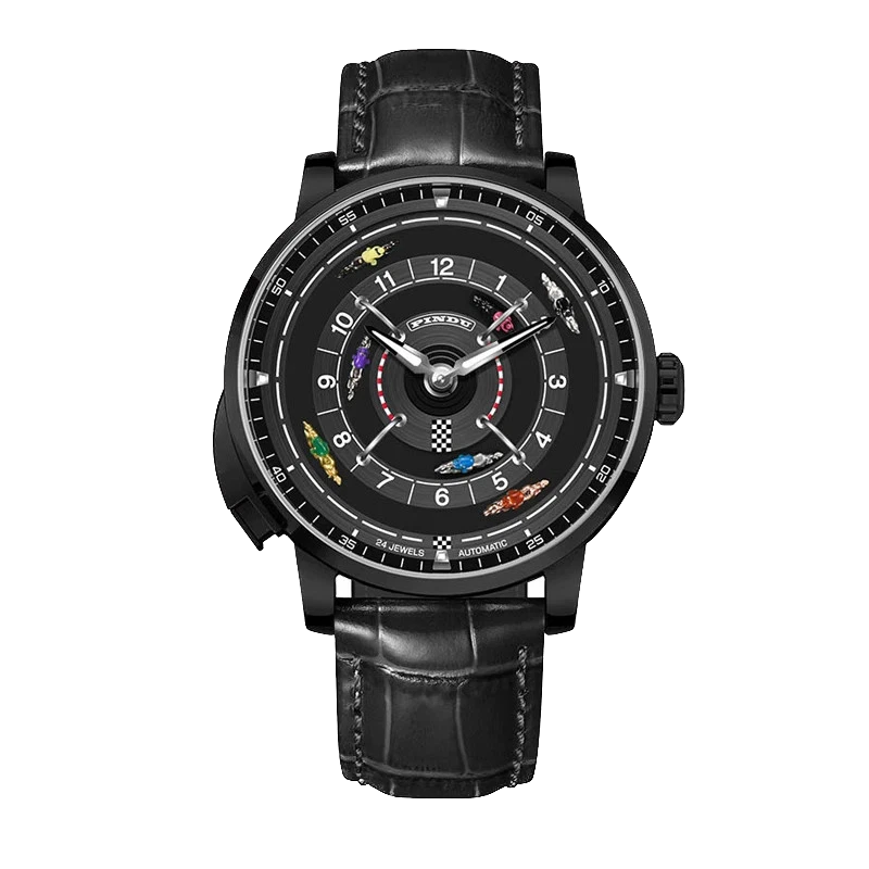 Black wristwatch with detailed face on a white background