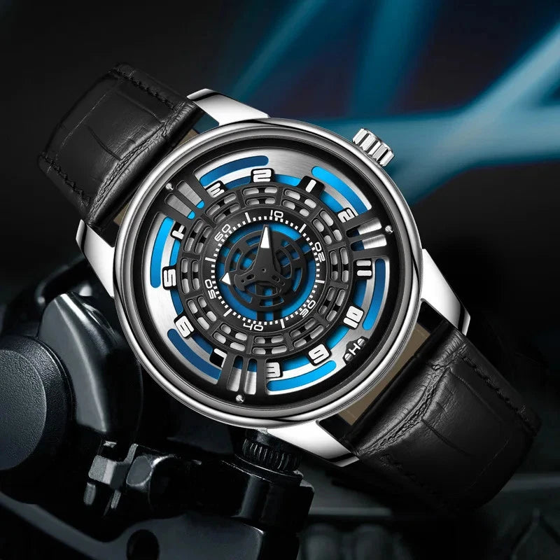 Luxury watch with black leather strap and blue and silver dial on a dark background