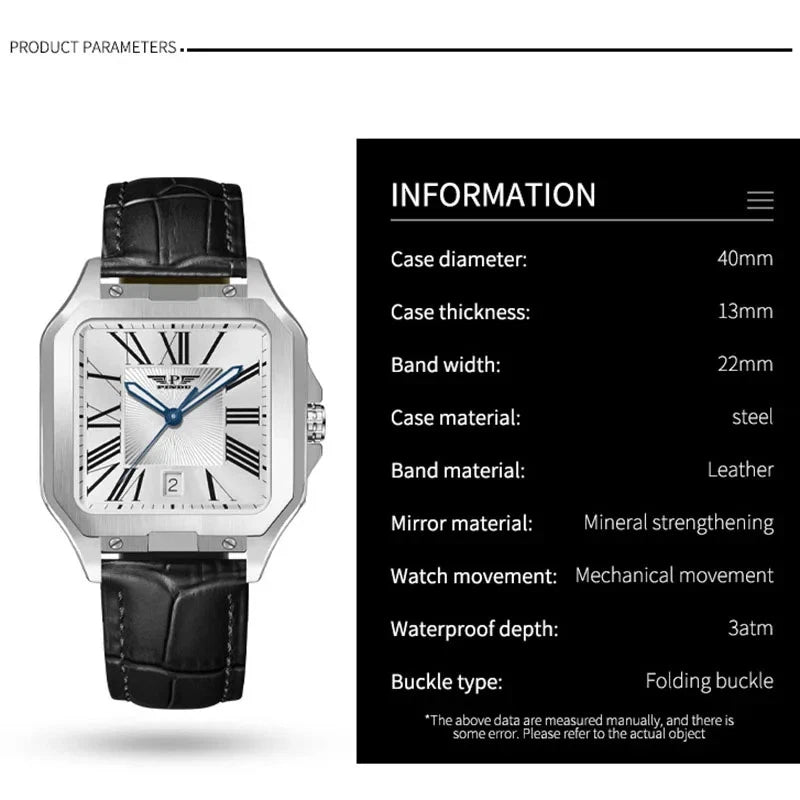 Watch with black leather strap and silver case, featuring product parameters on a black background.